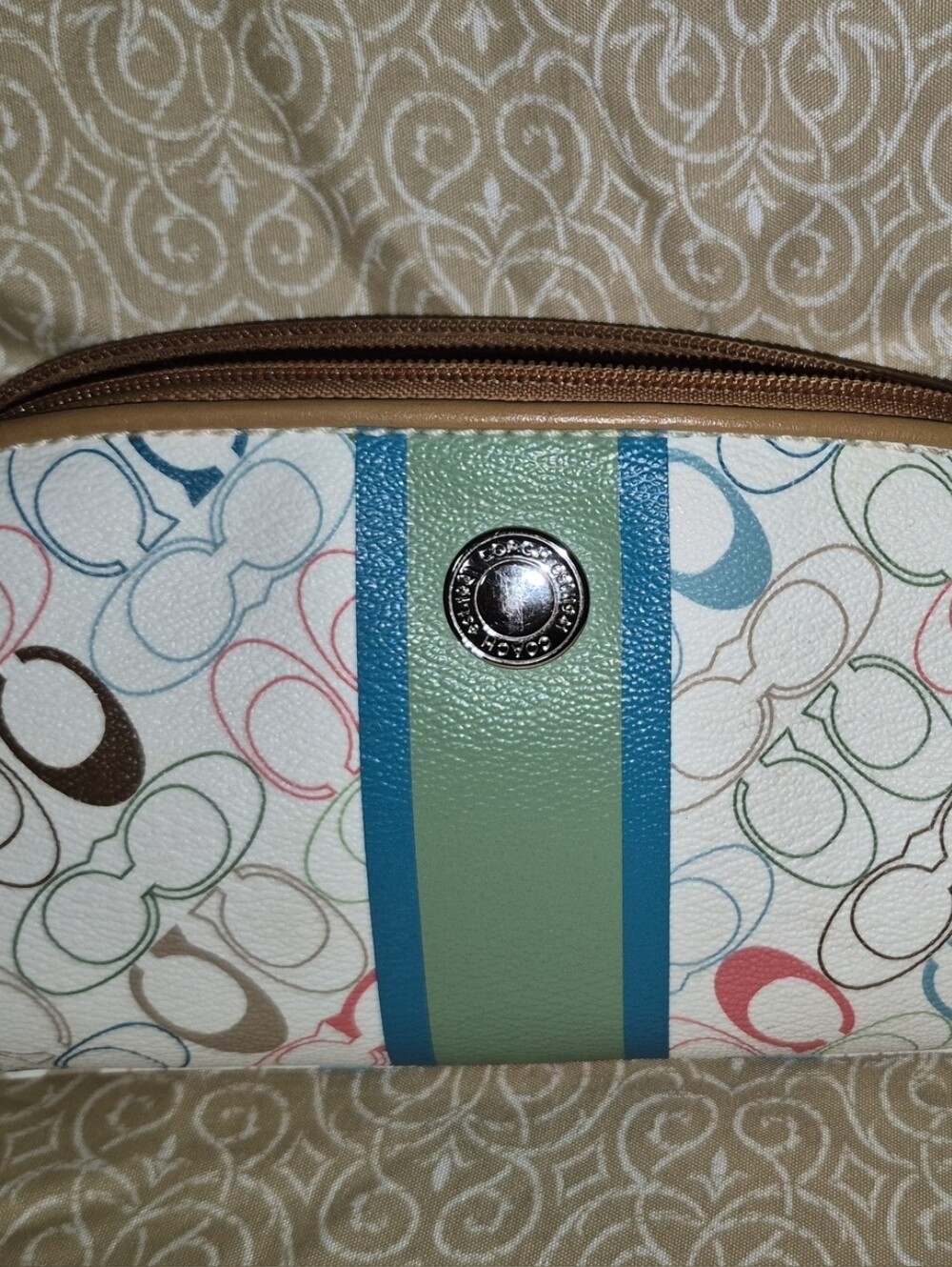 Coach Multicolor Signature Cosmetic Pouch with Blue and Green Stripe